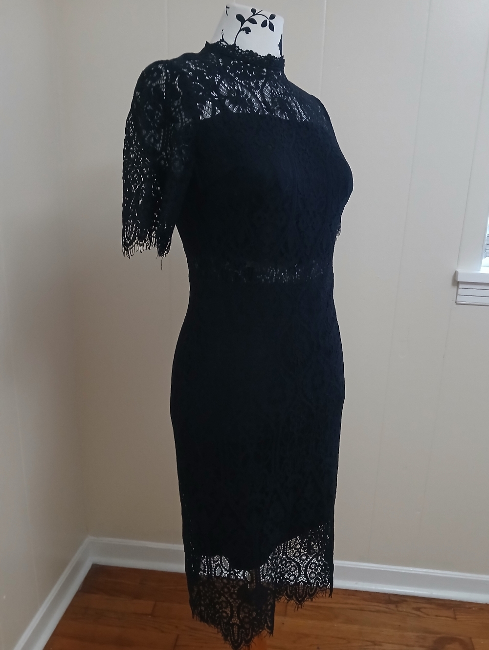 Black Lace Midi Dress with High Neck